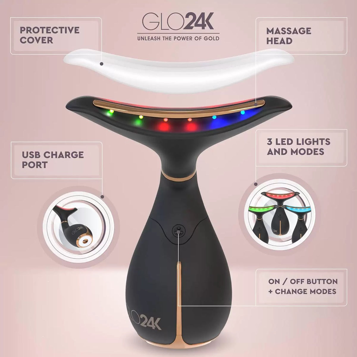 Red Light Face & Neck Beauty Device GLO24K   3 in 1 Facial Massager Tool with LED & Vibration for Skin Revitalization and Neck Firming