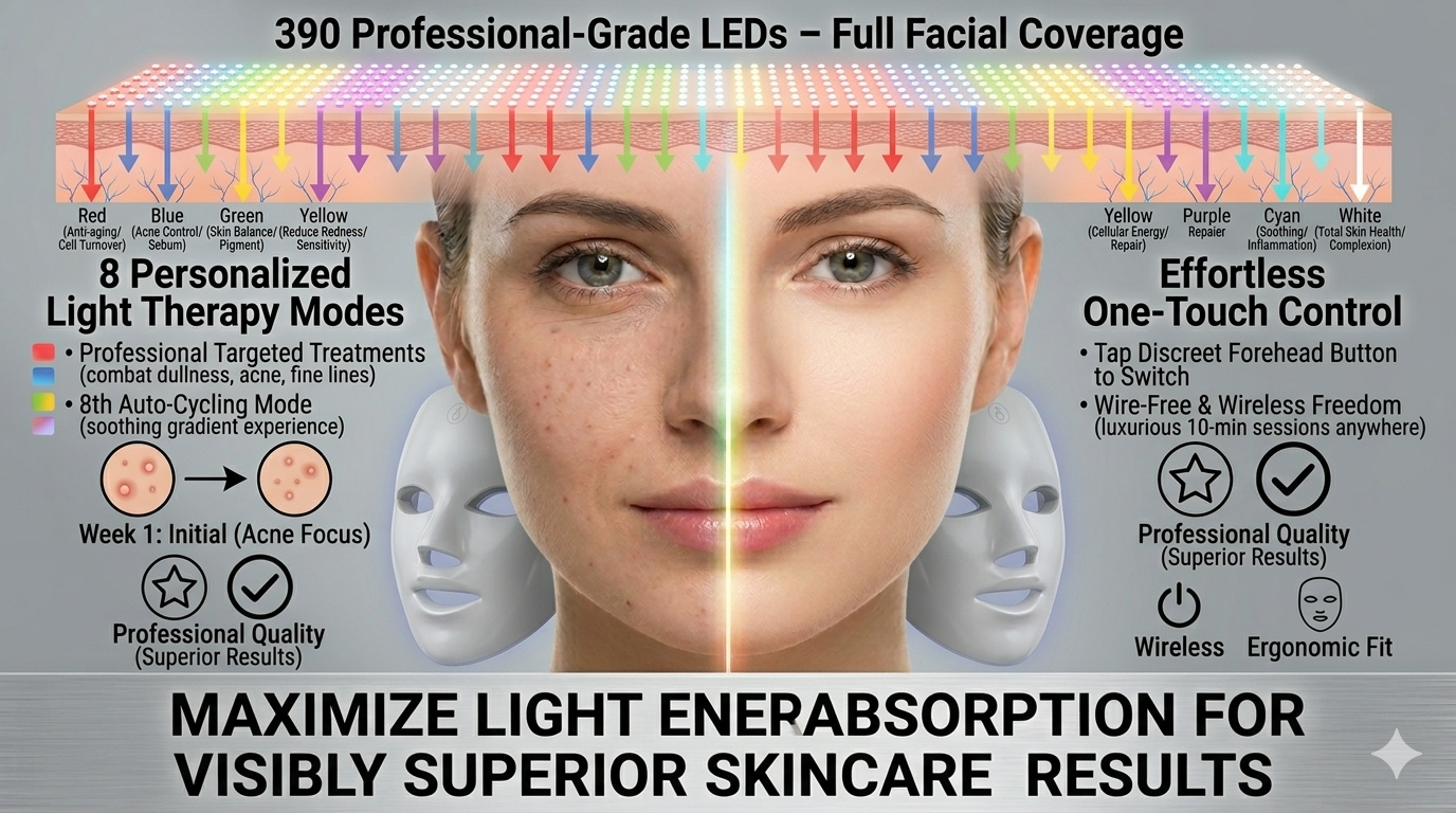 7 Color LED Light Therapy Face Mask - 390 LEDs Professional Skin Rejuvenation | Anti-Aging & Acne Treatment