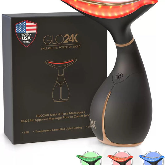 Red Light Face & Neck Beauty Device GLO24K   3 in 1 Facial Massager Tool with LED & Vibration for Skin Revitalization and Neck Firming