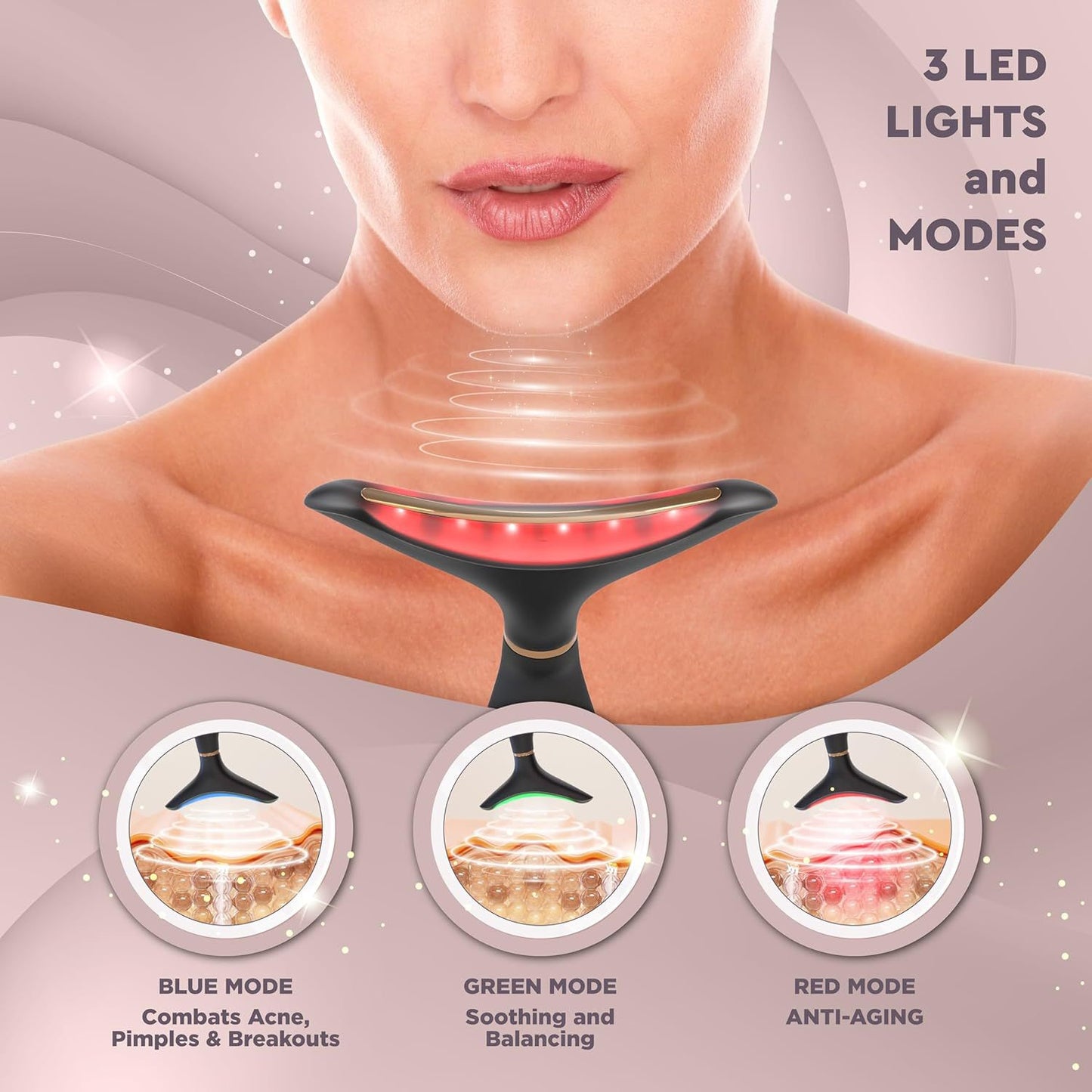 Red Light Face & Neck Beauty Device GLO24K   3 in 1 Facial Massager Tool with LED & Vibration for Skin Revitalization and Neck Firming
